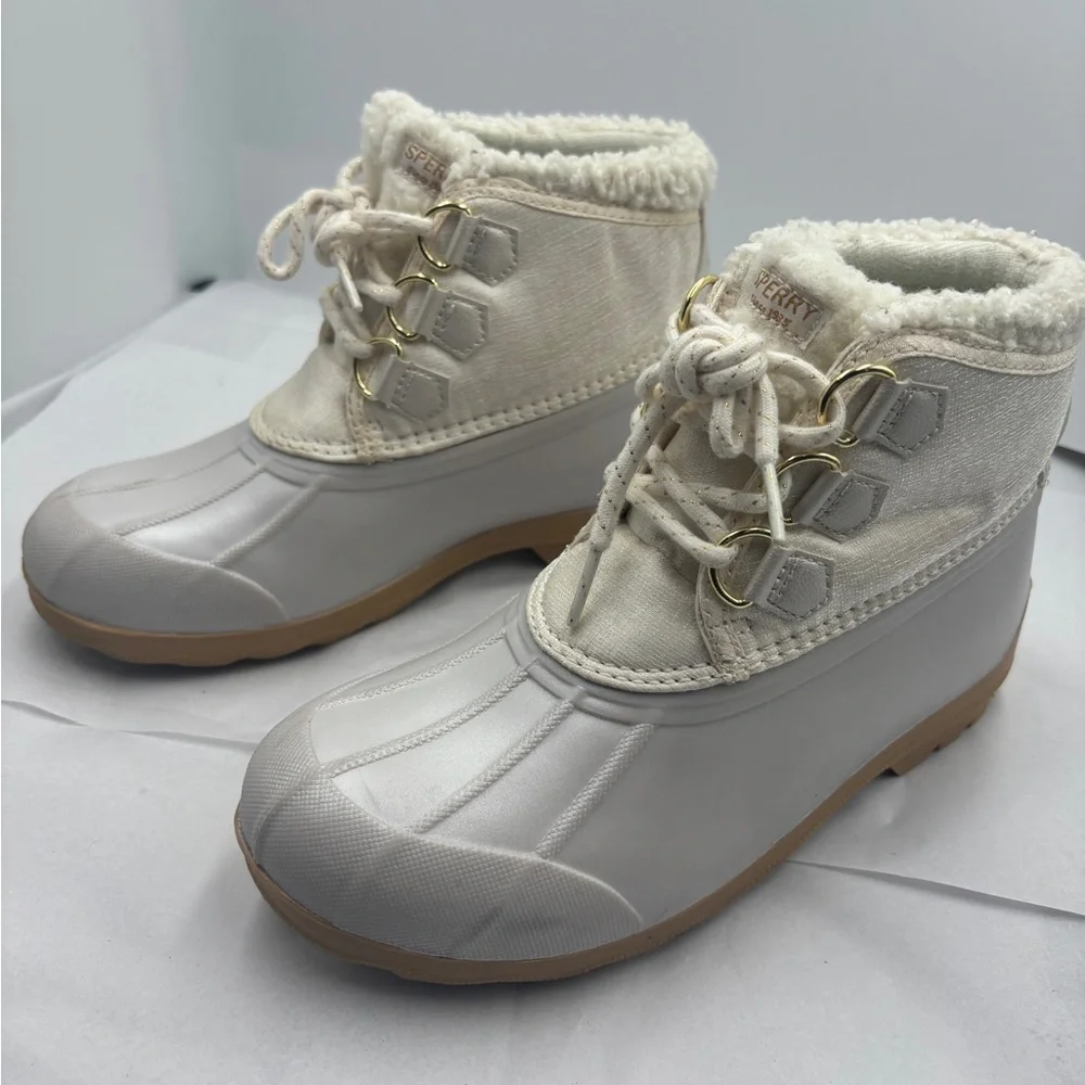 Sperry Port Alpine Cream Boots rain faux fur shimmer Girls 5